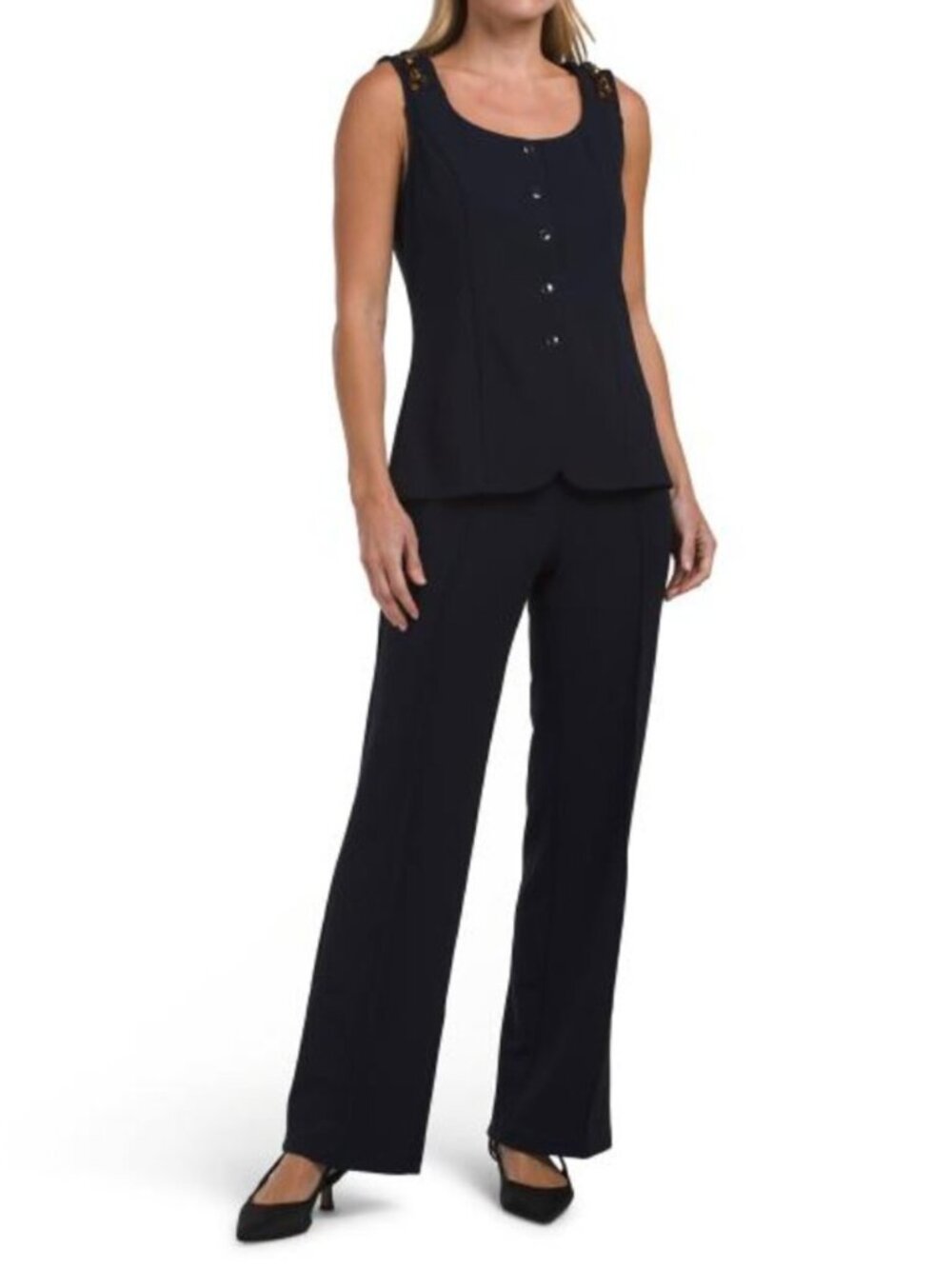 CHLOE & JASMINE 2pc Tortoise Trim Vest And Pintuck Pants Set